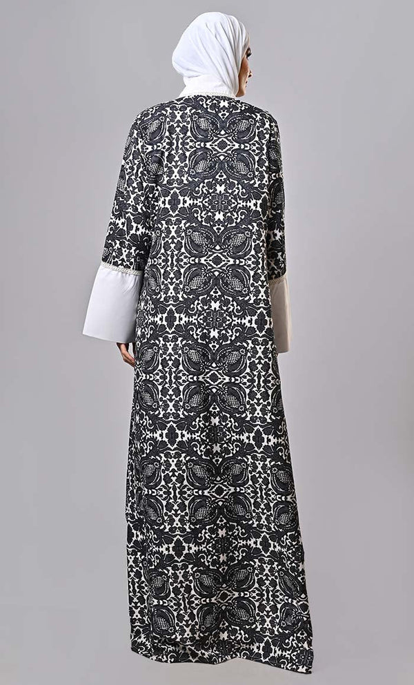 Islamic 2pc set printed lace intricate shrug with inner and belt - EastEssence.com