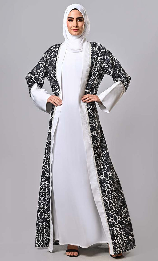 Islamic 2pc set printed lace intricate shrug with inner and belt - EastEssence.com