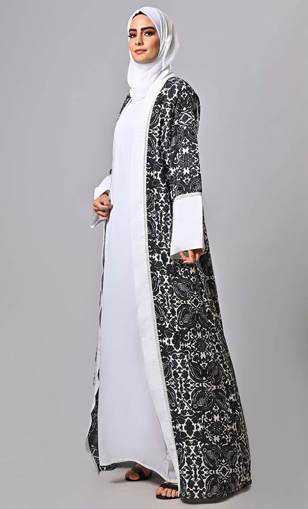 Islamic 2pc set printed lace intricate shrug with inner and belt - EastEssence.com