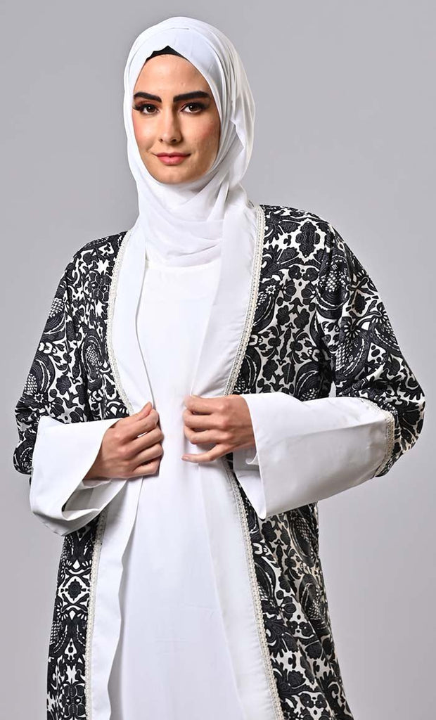 Islamic 2pc set printed lace intricate shrug with inner and belt - EastEssence.com