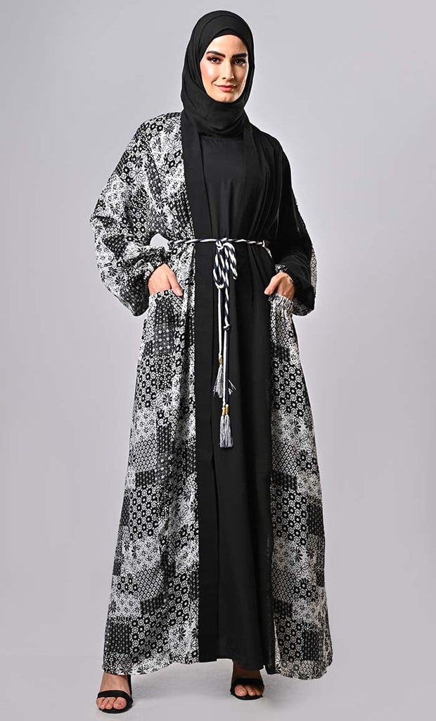 Islamic 2pc set printed shrug with inner with braided belt - EastEssence.com