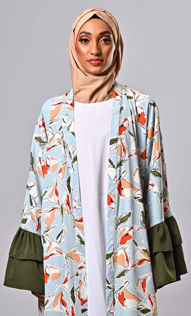 Islamic 2pc set printed shrug with ruffle sleeves detailing and inner - EastEssence.com