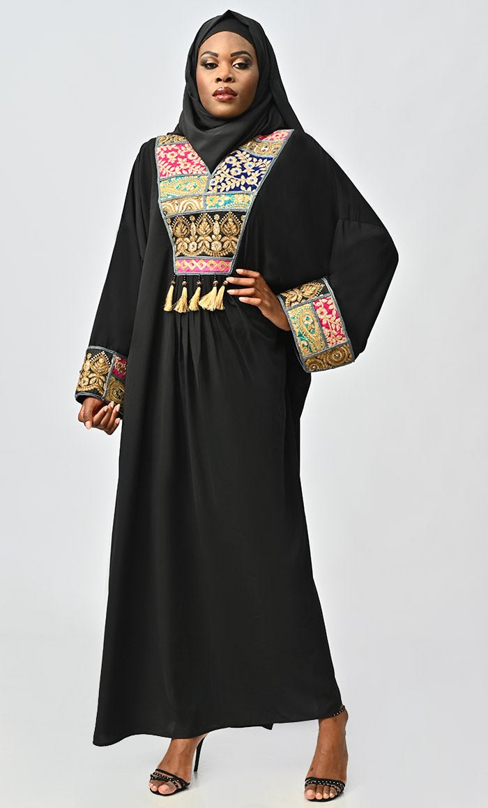Islamic Designer Abaya With Intricate Lace Detailing Neck - EastEssence.com