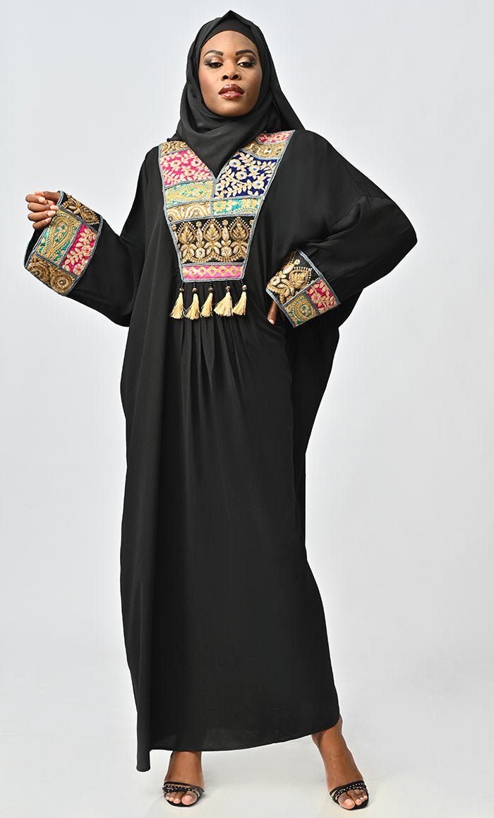 Islamic Designer Abaya With Intricate Lace Detailing Neck - EastEssence.com