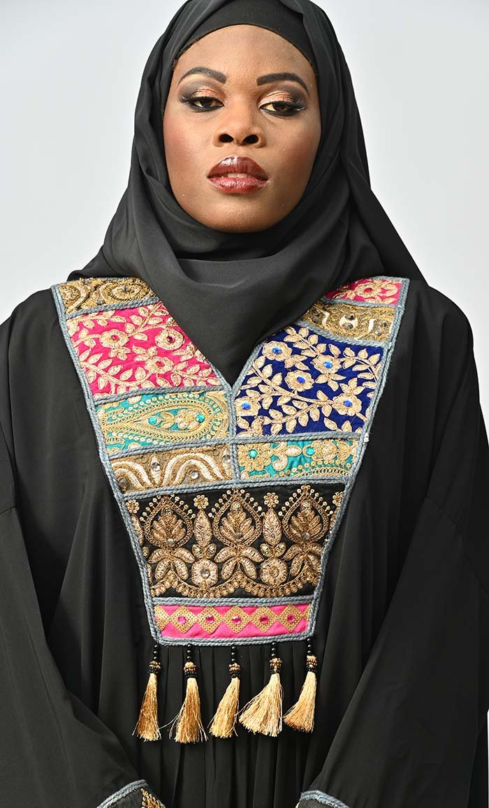 Islamic Designer Abaya With Intricate Lace Detailing Neck - EastEssence.com