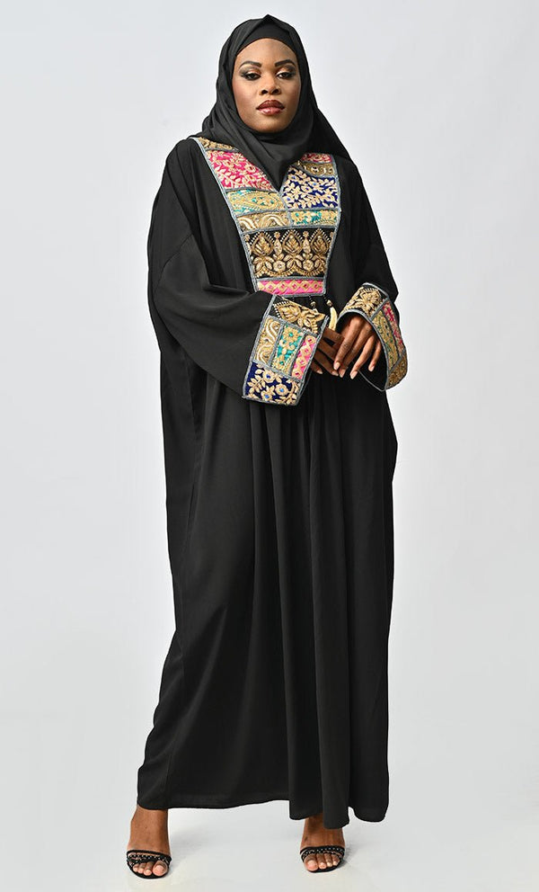 Islamic Designer Abaya With Intricate Lace Detailing Neck - EastEssence.com
