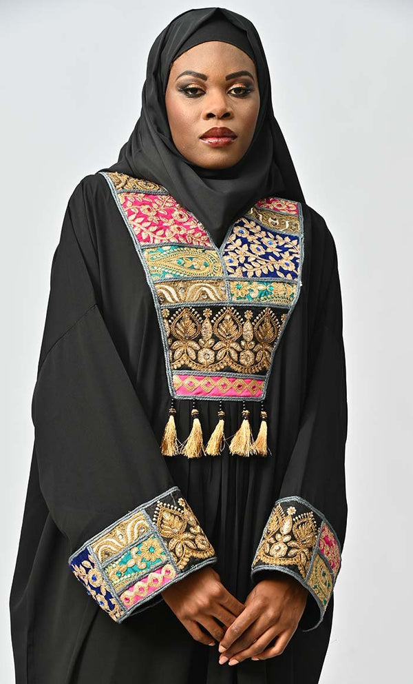 Islamic Designer Abaya With Intricate Lace Detailing Neck - EastEssence.com