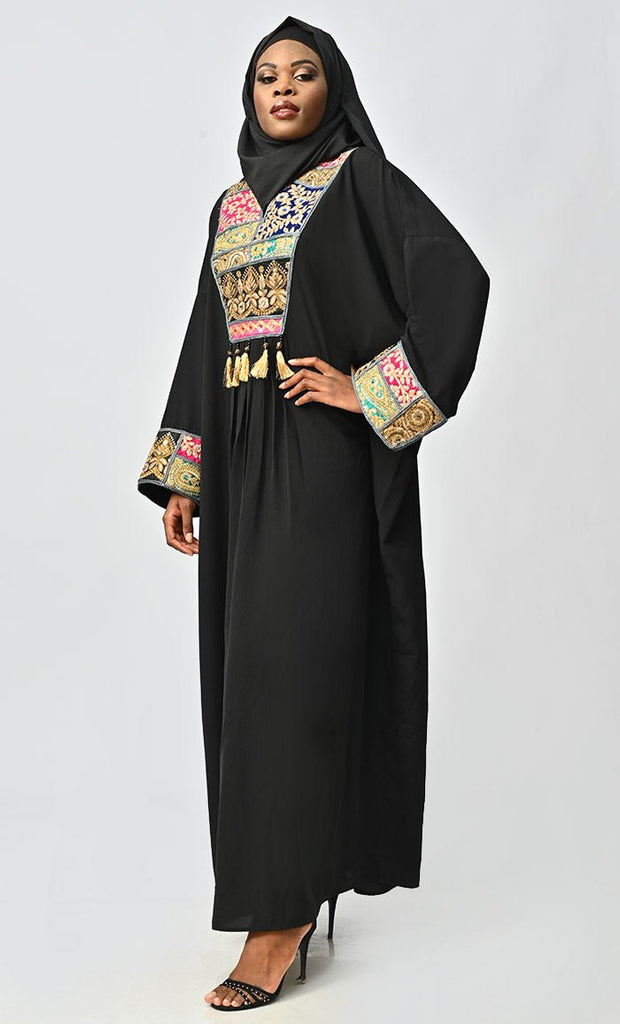 Islamic Designer Abaya With Intricate Lace Detailing Neck - EastEssence.com