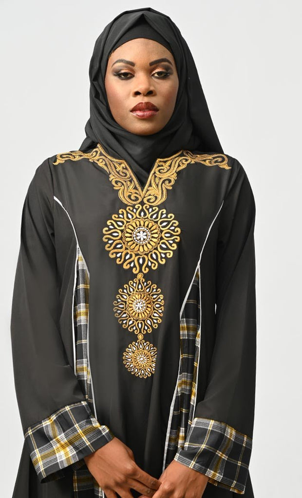 Islamic Designer Check Print Detailing Abaya With Golden Embroidery - EastEssence.com