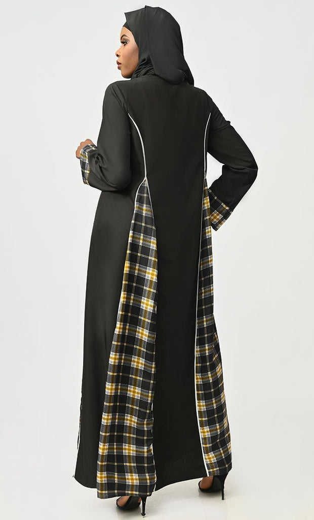 Islamic Designer Check Print Detailing Abaya With Golden Embroidery - EastEssence.com