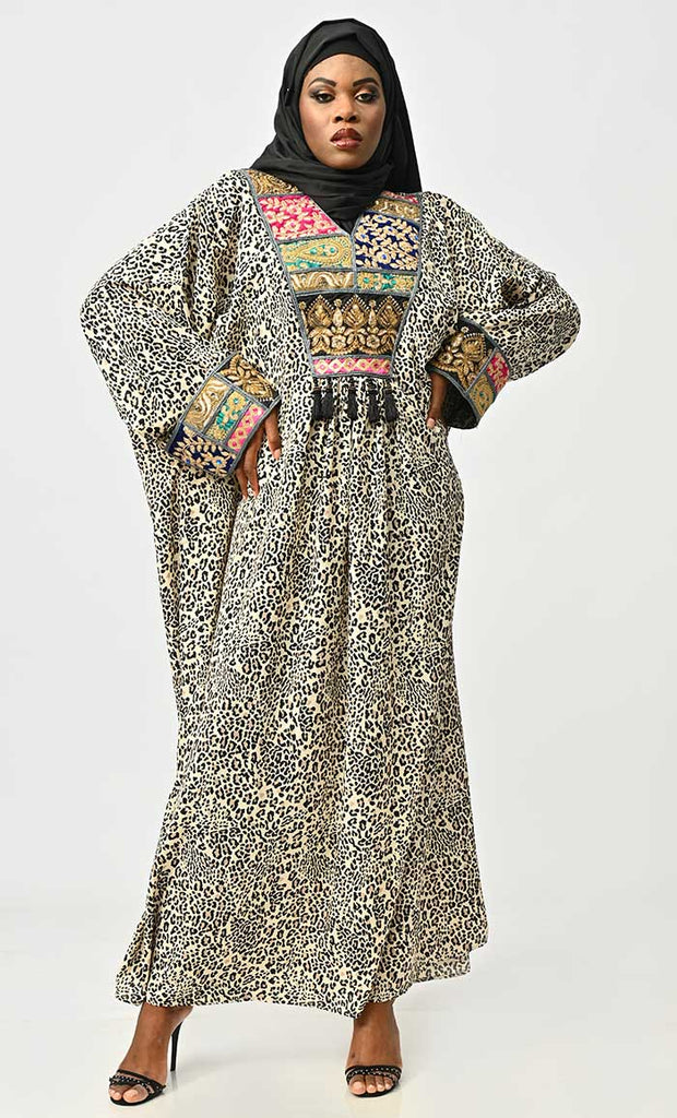 Islamic Designer Leopard Printed Abaya With Intricate Lace Detailing Neck - EastEssence.com