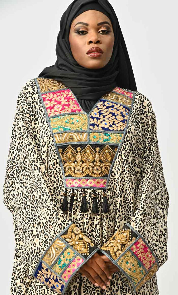 Islamic Designer Leopard Printed Abaya With Intricate Lace Detailing Neck - EastEssence.com
