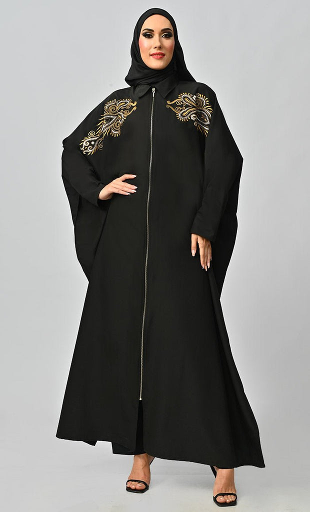 Islamic Golden Embroidery Detailing Kaftan Abaya With Front Zipper - EastEssence.com