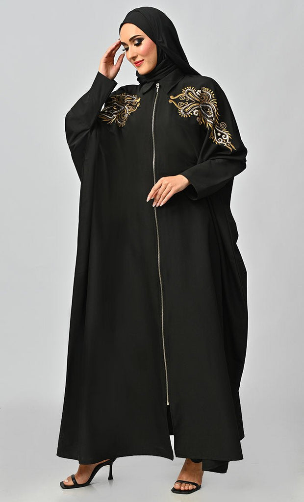 Islamic Golden Embroidery Detailing Kaftan Abaya With Front Zipper - EastEssence.com