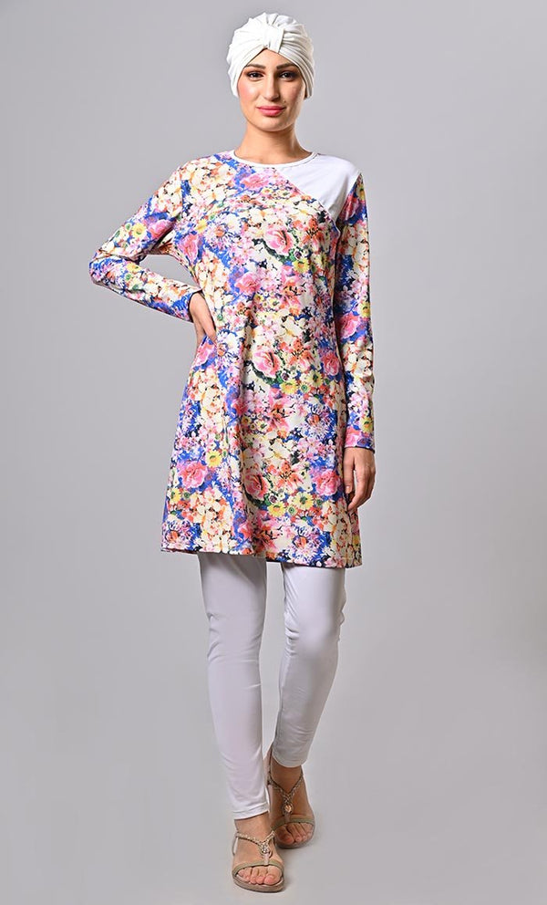 Islamic Modest Blue Floral Printed Swimwear With Cap (3Pc Set) - EastEssence.com