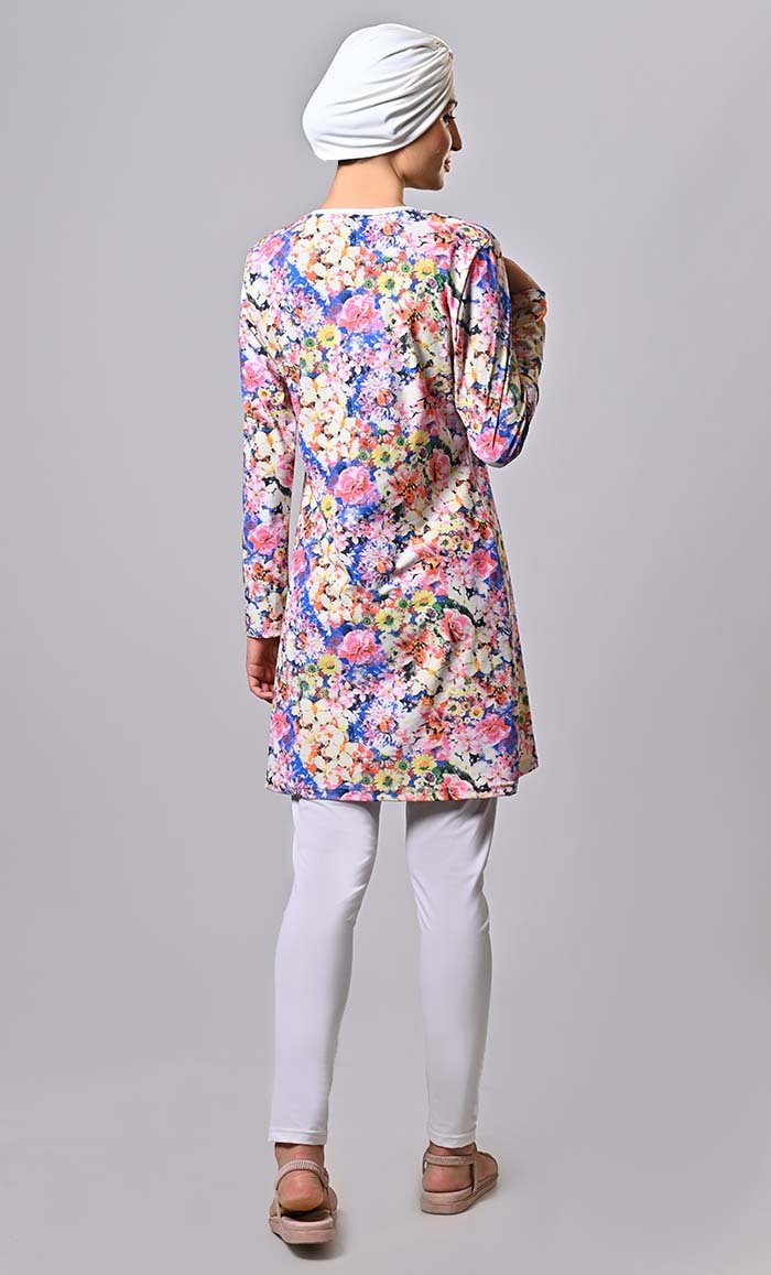 Islamic Modest Blue Floral Printed Swimwear With Cap (3Pc Set) - EastEssence.com