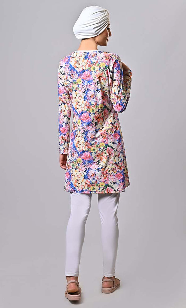 Islamic Modest Blue Floral Printed Swimwear With Cap (3Pc Set) - EastEssence.com