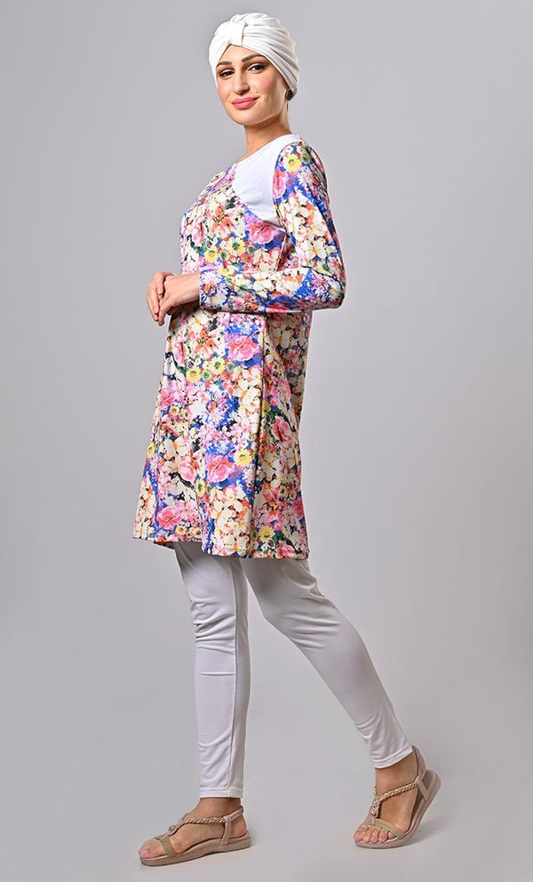 Islamic Modest Blue Floral Printed Swimwear With Cap (3Pc Set) - EastEssence.com