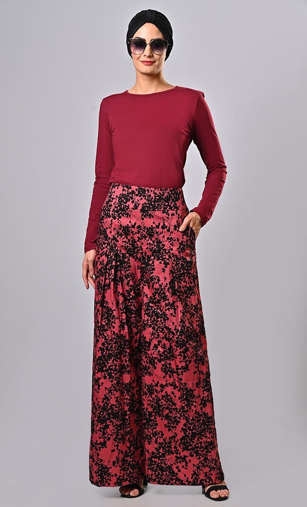 Islamic modest red printed pants with pockets - EastEssence.com