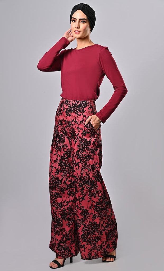 Islamic modest red printed pants with pockets - EastEssence.com