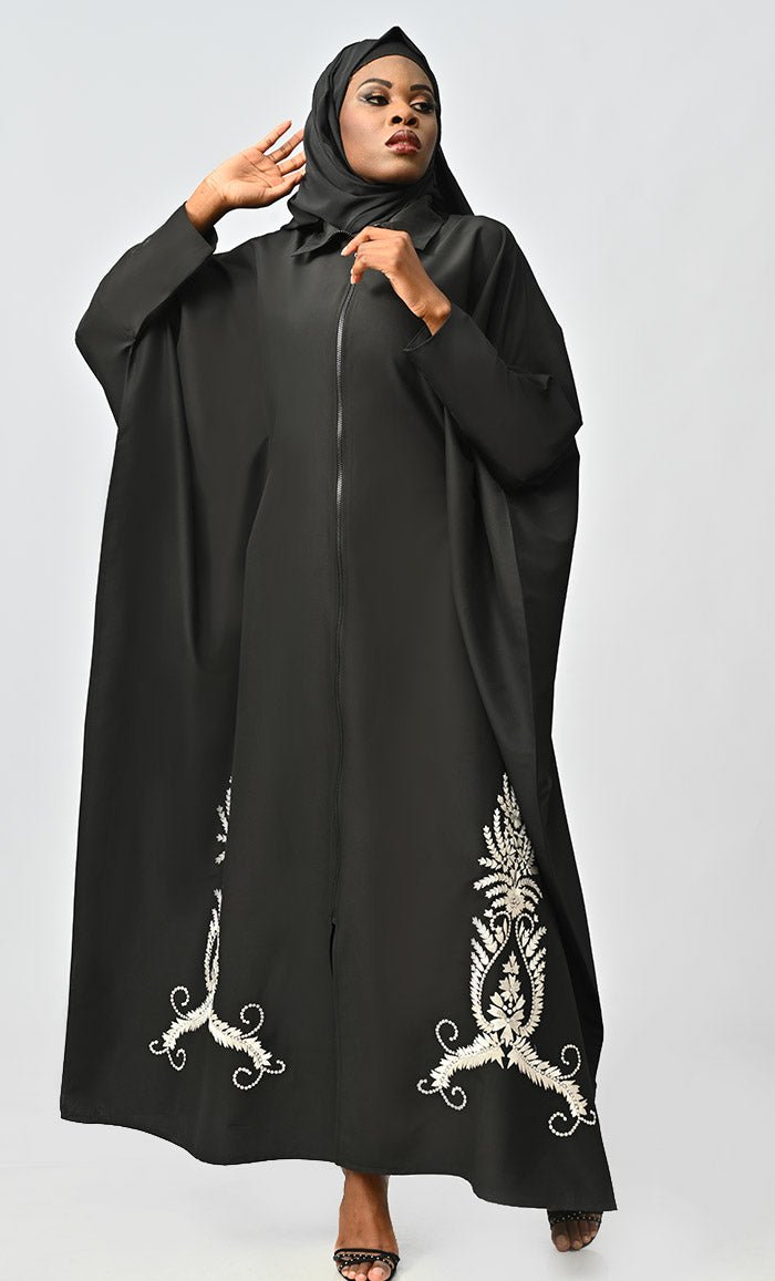 Islamic White Embroidery Detailing Kaftan Abaya With Front Zipper - EastEssence.com