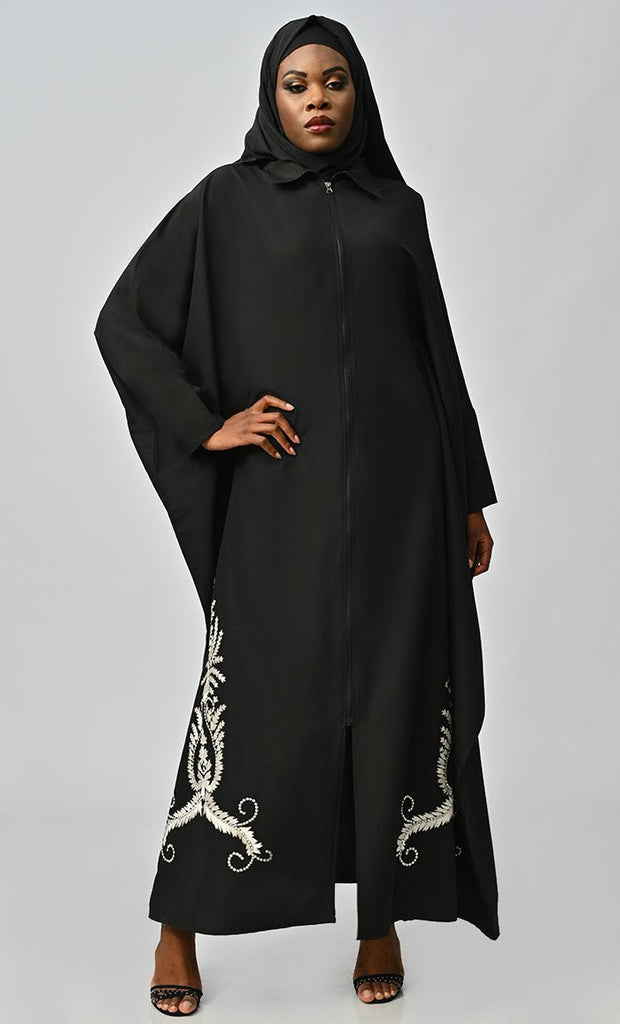 Islamic White Embroidery Detailing Kaftan Abaya With Front Zipper - EastEssence.com
