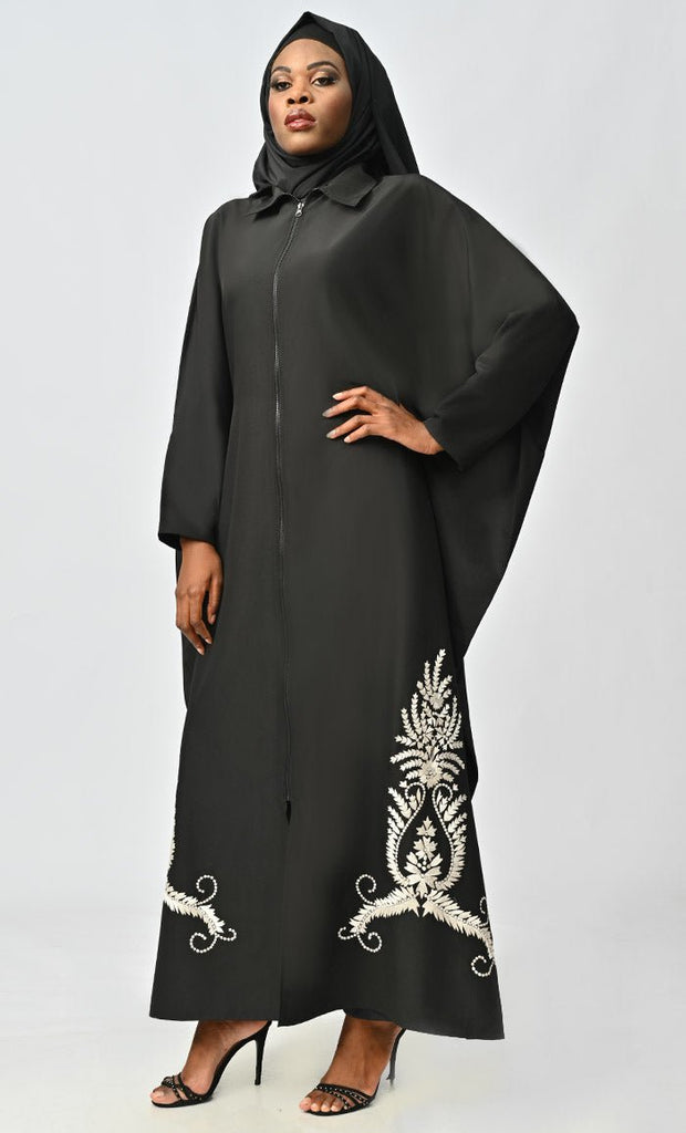 Islamic White Embroidery Detailing Kaftan Abaya With Front Zipper - EastEssence.com
