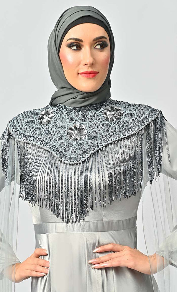Japanese Grey Detailed Hand And Machine Embroidery Abaya