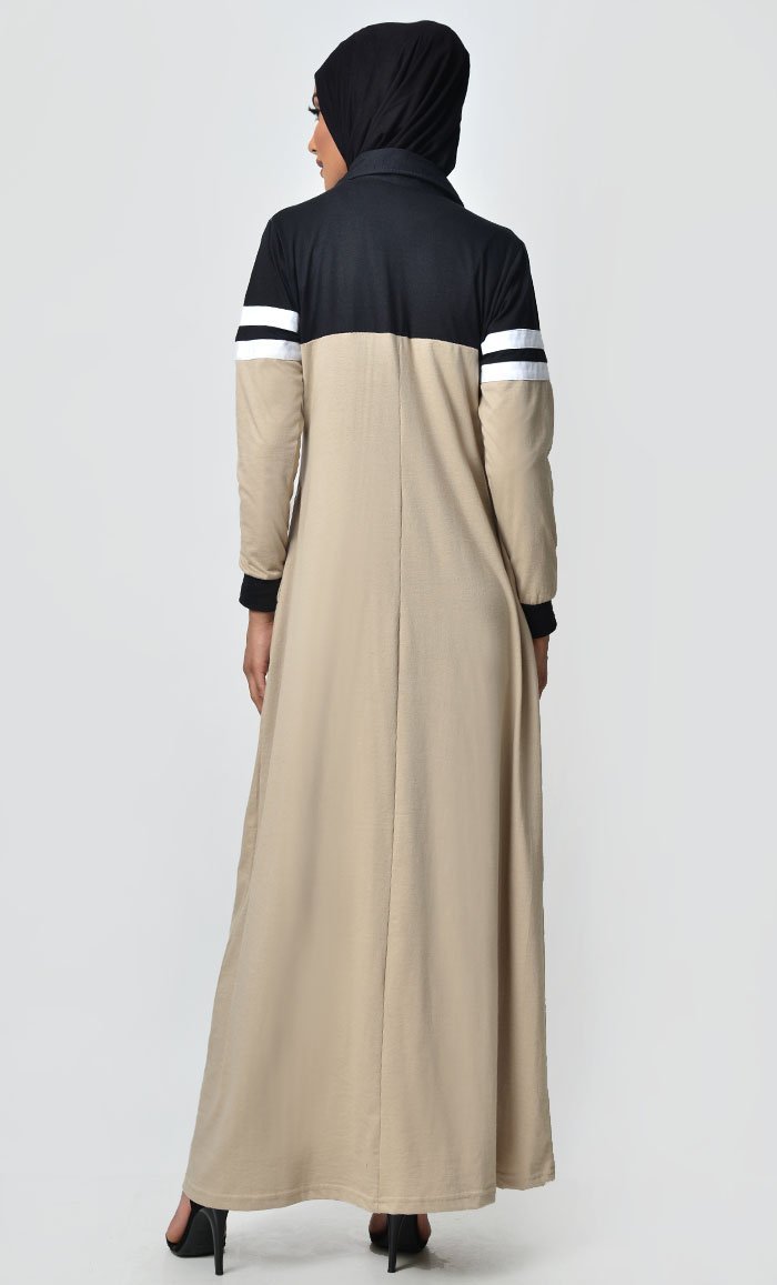 Jersey Stripe Sportswear Abaya-Black+ Sand - EastEssence.com