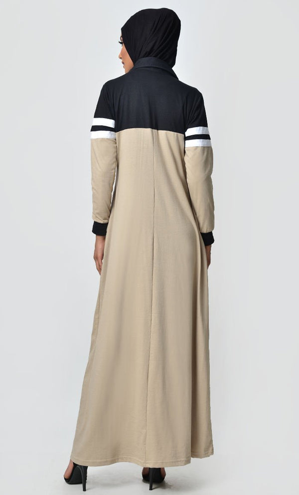 Jersey Stripe Sportswear Abaya-Black+ Sand - EastEssence.com