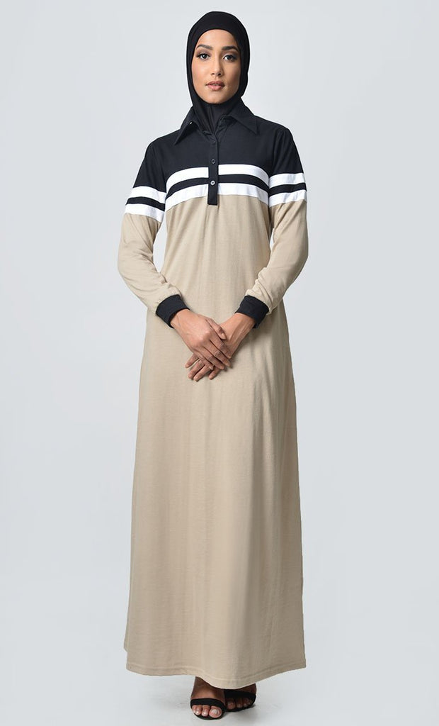 Jersey Stripe Sportswear Abaya-Black+ Sand - EastEssence.com