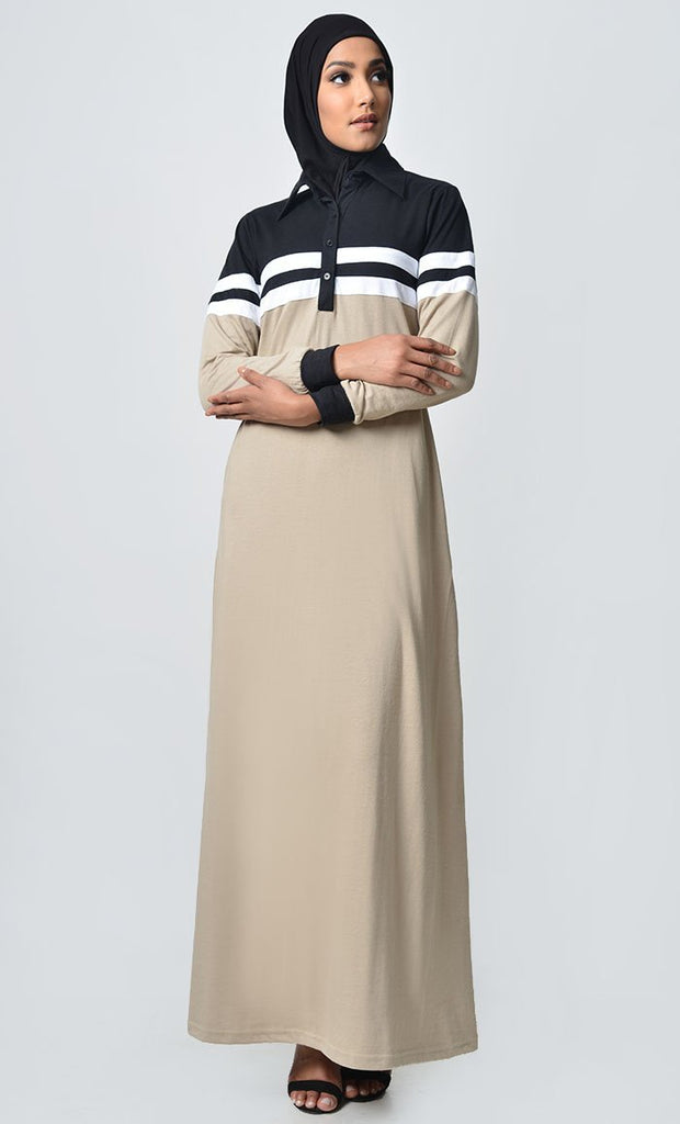 Jersey Stripe Sportswear Abaya-Black+ Sand - EastEssence.com