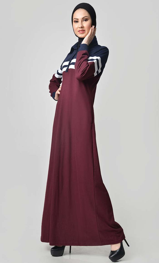 Jersey Stripe Sportswear Abaya-Navy + Maroon - EastEssence.com