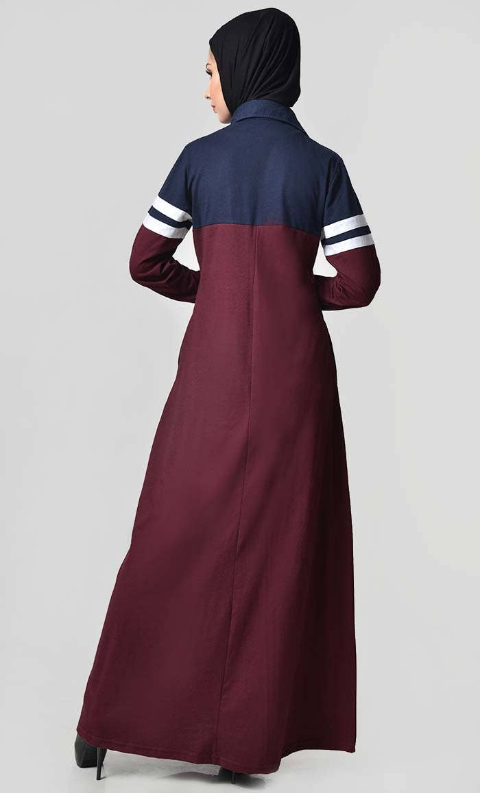 Jersey Stripe Sportswear Abaya-Navy + Maroon - EastEssence.com
