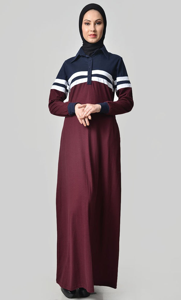 Jersey Stripe Sportswear Abaya-Navy + Maroon - EastEssence.com
