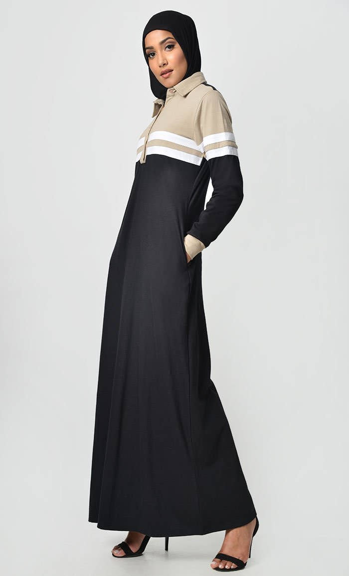 Jersey Stripe Sportswear Abaya-Sand + Black - EastEssence.com