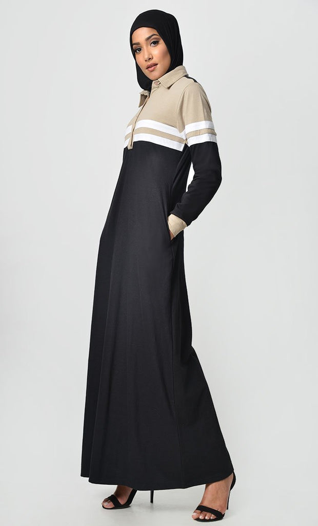 Jersey Stripe Sportswear Abaya-Sand + Black - EastEssence.com