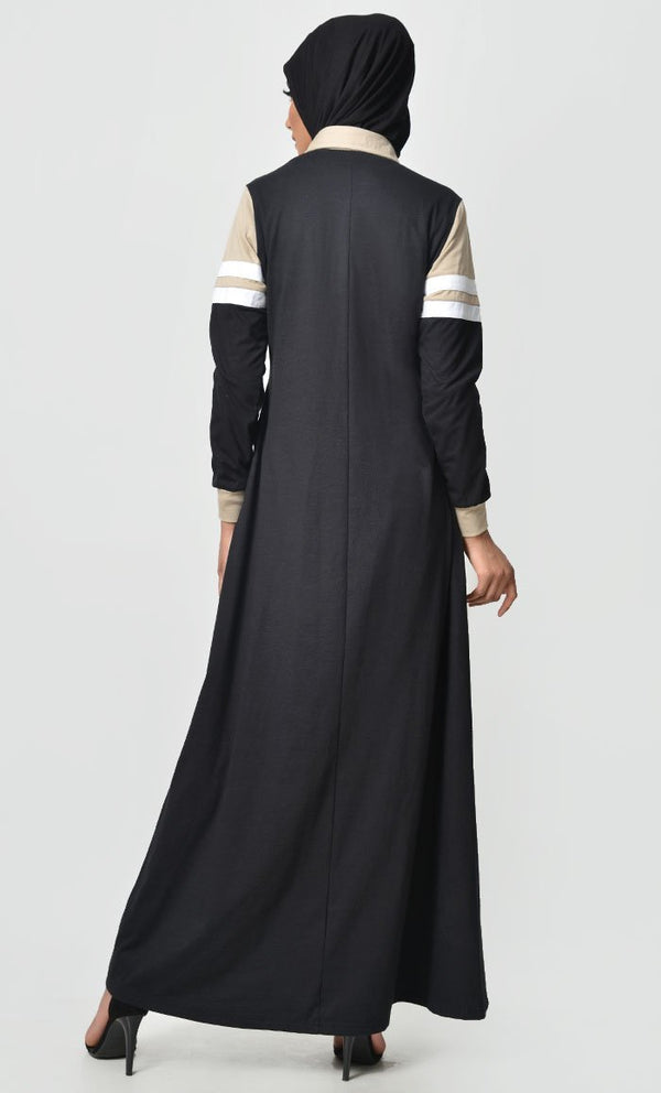 Jersey Stripe Sportswear Abaya-Sand + Black - EastEssence.com
