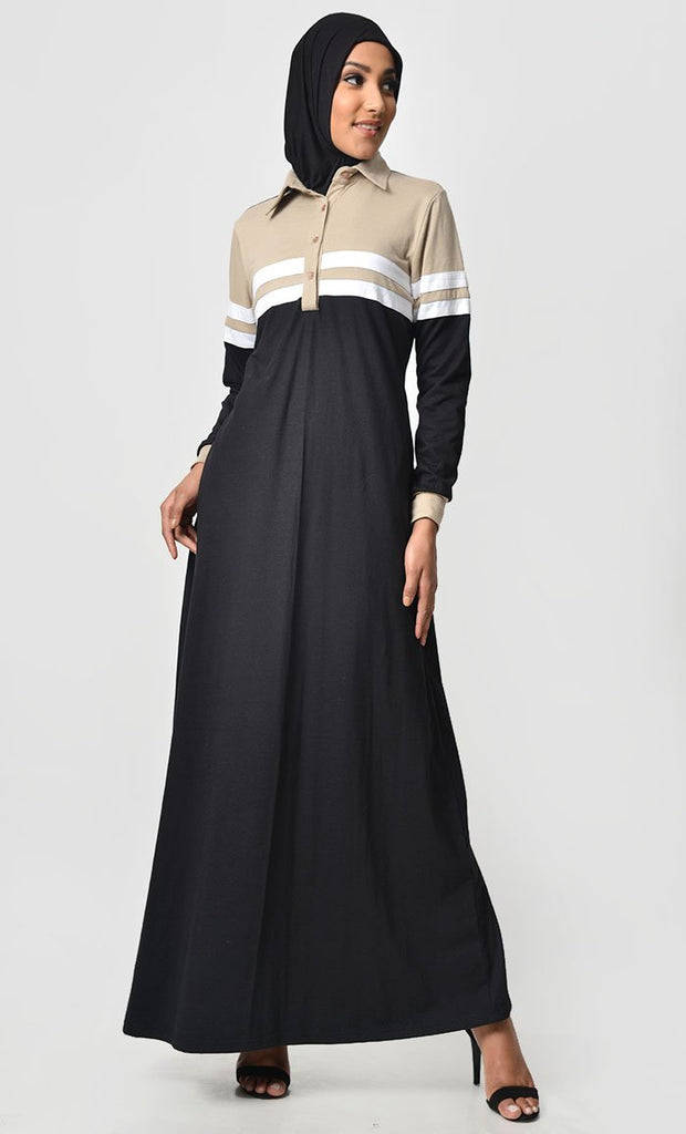 Jersey Stripe Sportswear Abaya-Sand + Black - EastEssence.com