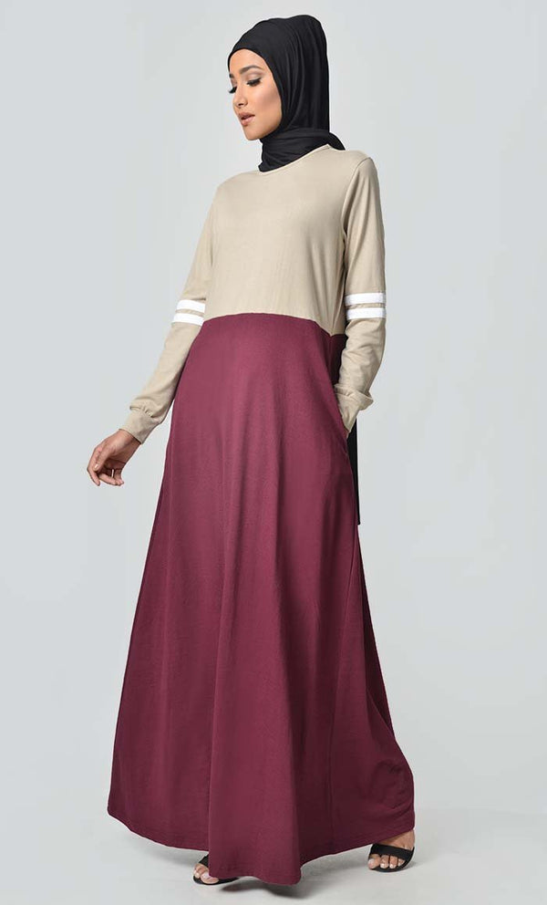 Jersey Stripe Sportswear Abaya - Sand + Maroon - EastEssence.com