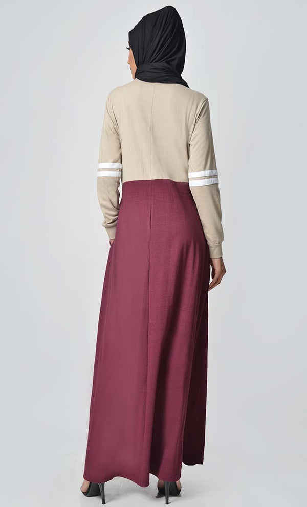 Jersey Stripe Sportswear Abaya - Sand + Maroon - EastEssence.com