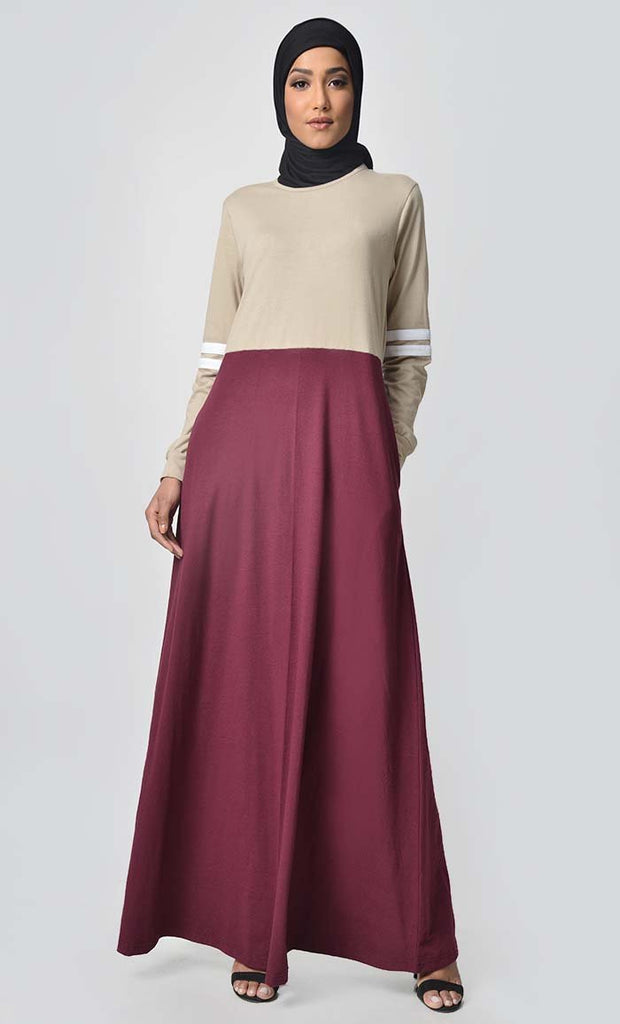 Jersey Stripe Sportswear Abaya - Sand + Maroon - EastEssence.com