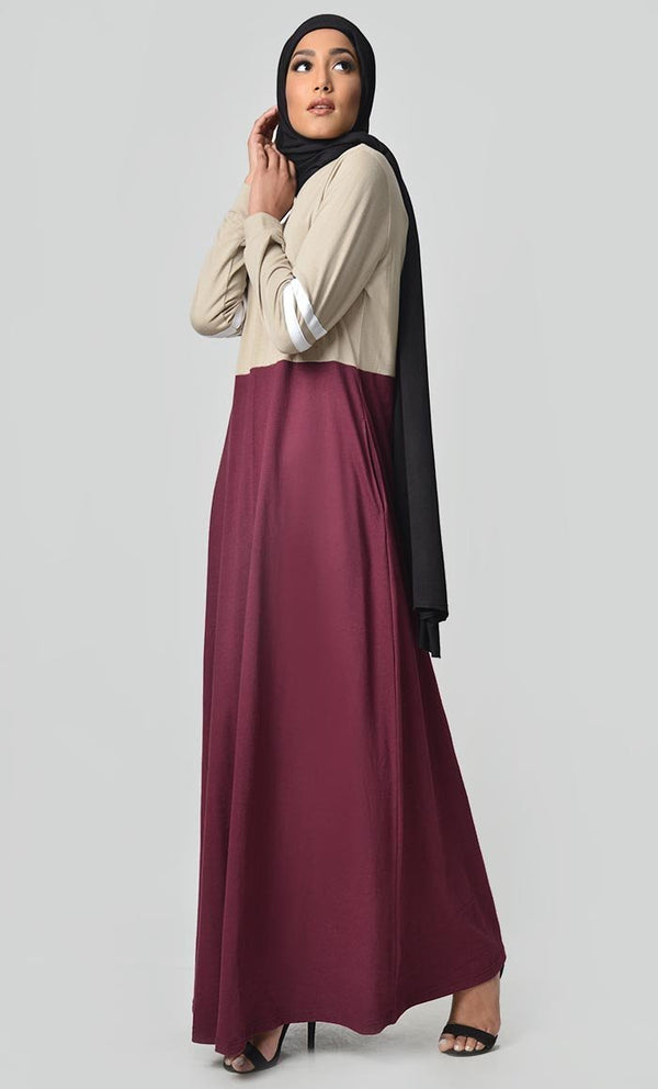 Jersey Stripe Sportswear Abaya - Sand + Maroon - EastEssence.com