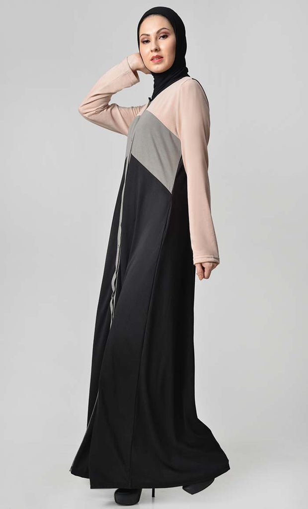 Jersey Tri Color Winter Abaya - Cream + Grey + Black - EastEssence.com