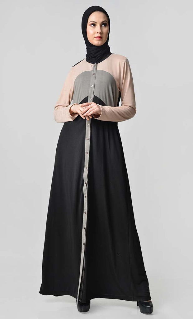 Jersey Tri Color Winter Abaya - Cream + Grey + Black - EastEssence.com