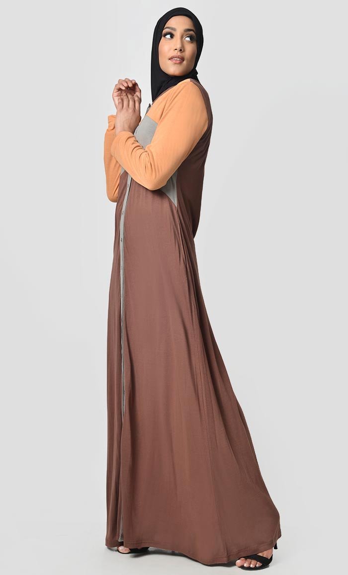 Jersey Tri Color Winter Abaya - Orange + Grey + Brown - EastEssence.com