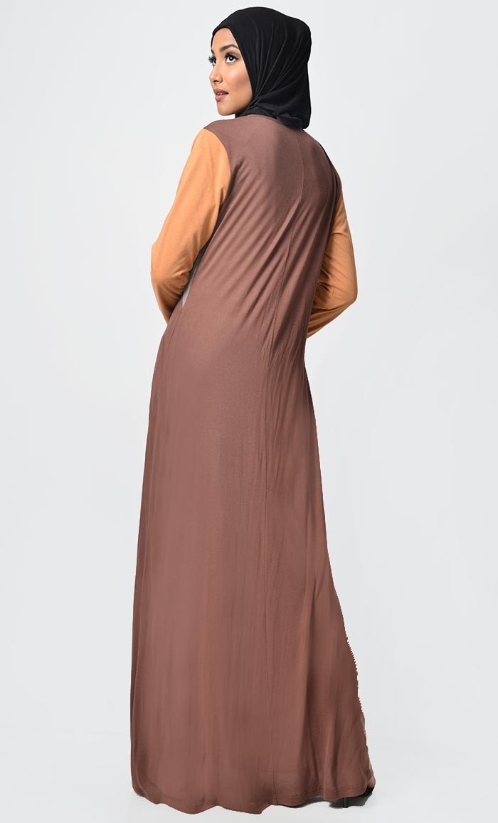 Jersey Tri Color Winter Abaya - Orange + Grey + Brown - EastEssence.com