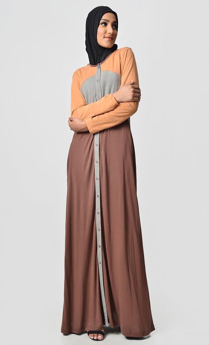 Jersey Tri Color Winter Abaya - Orange + Grey + Brown - EastEssence.com