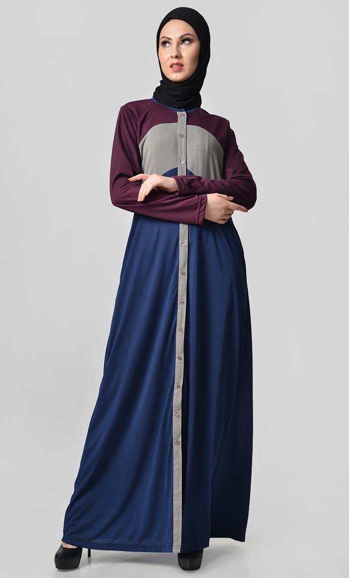 Jersey Tri Color Winter Abaya - Wine + Grey + Navy - EastEssence.com