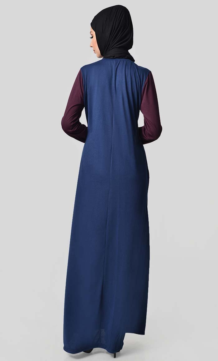 Jersey Tri Color Winter Abaya - Wine + Grey + Navy - EastEssence.com